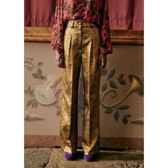 NWT Sezane Theophile Trouser in Royal Jacquard Gold Wide Leg Pants 34 / 2 - Picture 2 of 10